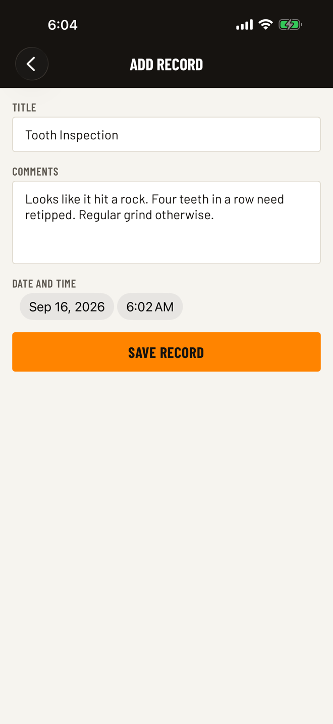 Kavrik app add-record screen with a tooth inspection entry: looks like it hit a rock, four teeth in a row need retipped